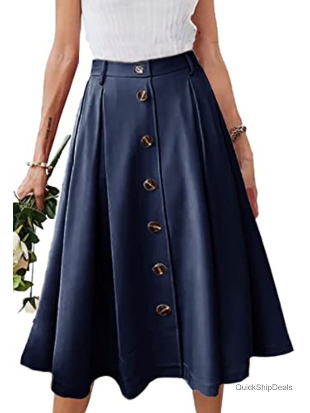 Pleated A-Line Midi Skirt with Pockets, Button Front, Elastic Waist, High Rise